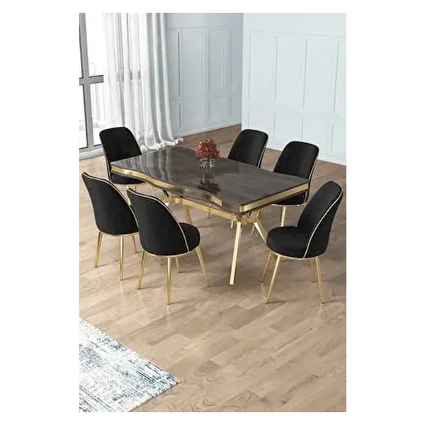 Prah Serisi 90x160 Lak Panel Antrasit Ironi Gold Ayak Masa Takımı 6 Siyah Sandalye - Görsel 5