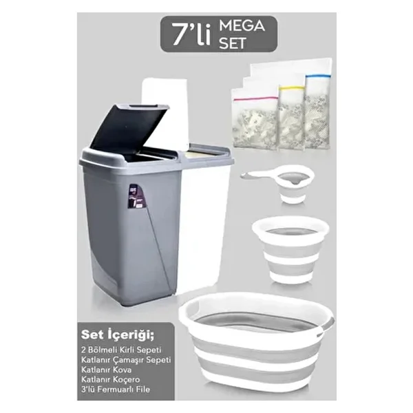 7'li Banyo Seti - 90 Lt Kirli Sepeti Katlanabilir Çamaşır Sepeti Su Kovası Maşrapa Yıkama Filesi - 36 X 57 - Gri - Görsel 9