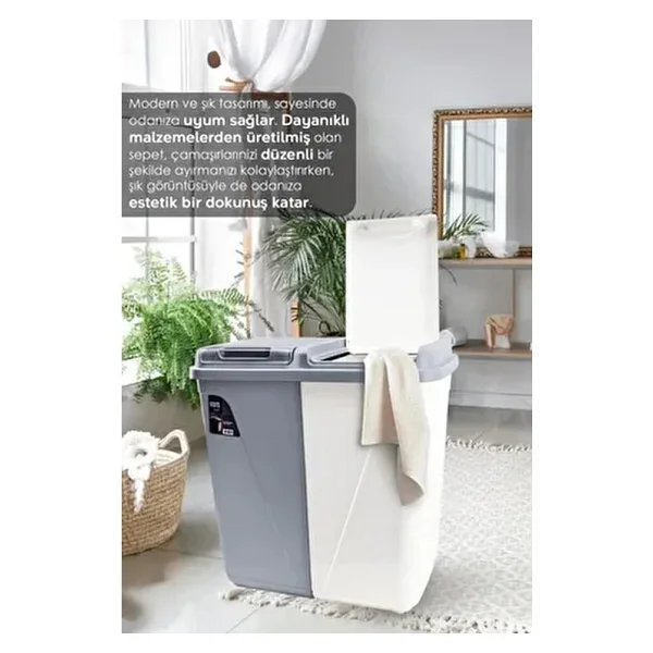 7'li Banyo Seti - 90 Lt Kirli Sepeti Katlanabilir Çamaşır Sepeti Su Kovası Maşrapa Yıkama Filesi - 36 X 57 - Gri - Görsel 2