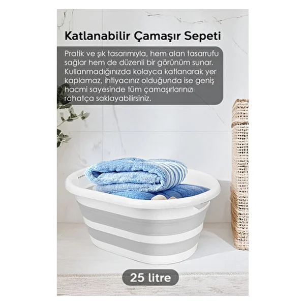 7'li Banyo Seti - 90 Lt Kirli Sepeti Katlanabilir Çamaşır Sepeti Su Kovası Maşrapa Yıkama Filesi - 36 X 57 - Gri - Görsel 3