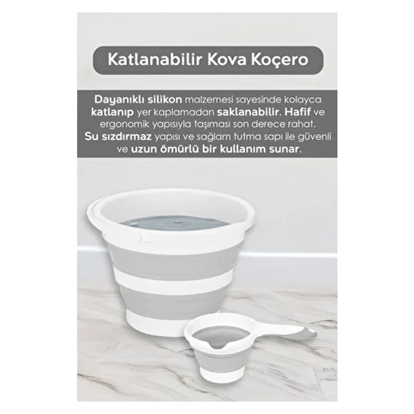 7'li Banyo Seti - 90 Lt Kirli Sepeti Katlanabilir Çamaşır Sepeti Su Kovası Maşrapa Yıkama Filesi - 36 X 57 - Gri - Görsel 4