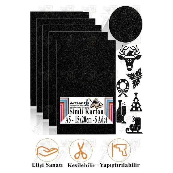 Simli Karton A5 15x20 Cm 5 Li 1 Paket Simli Fon Kartonu Parıltılı Kağıt Anasınıfı Kreş Etkinlik Proje Dekoratif Açık Mavi - Görsel 2