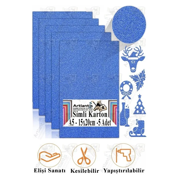 Simli Karton A5 15x20 Cm 5 Li 1 Paket Simli Fon Kartonu Parıltılı Kağıt Anasınıfı Kreş Etkinlik Proje Dekoratif Açık Mavi - Görsel 5