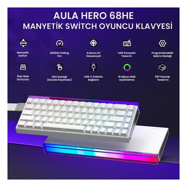Aula Hero 68 He Beyaz RGB %65 Tkl Black King Switch Kablolu Mekanik Oyuncu Klavyesi - Görsel 2