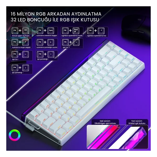 Aula Hero 68 He Beyaz RGB %65 Tkl Black King Switch Kablolu Mekanik Oyuncu Klavyesi - Görsel 4