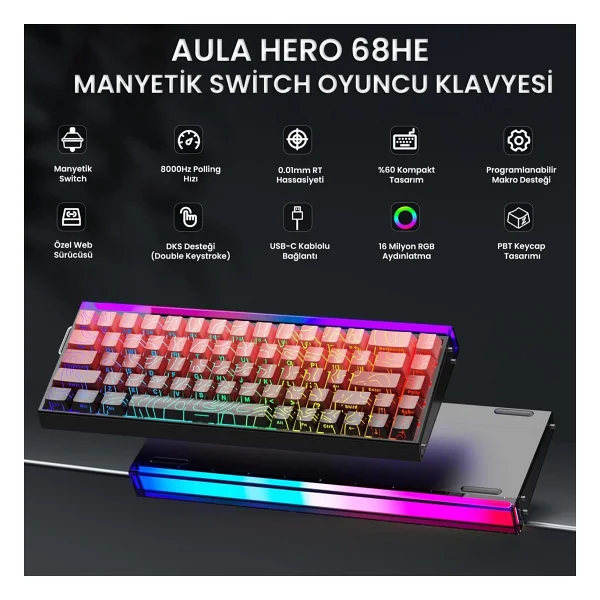 Aula Hero 68 He Manyetik Klavye Rapid Trigger Dragon King Switch 8000hz RGB Neon Tkl Hot Swap Oyuncu Klavyesi Kırmızı - Görsel 2