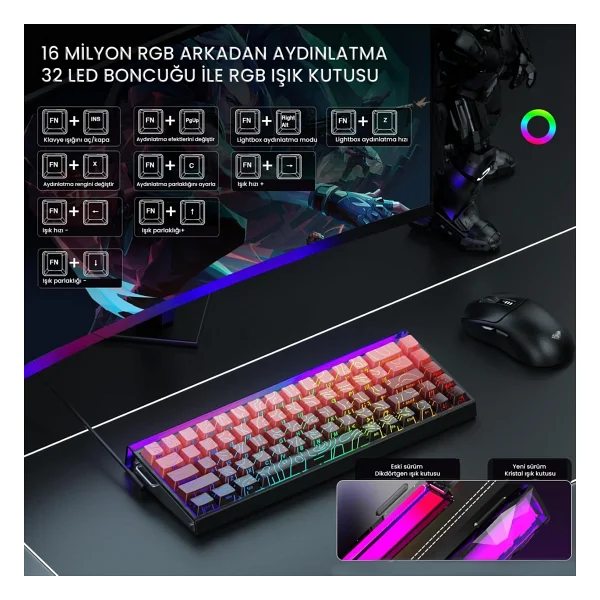 Aula Hero 68 He Manyetik Klavye Rapid Trigger Dragon King Switch 8000hz RGB Neon Tkl Hot Swap Oyuncu Klavyesi Kırmızı - Görsel 4