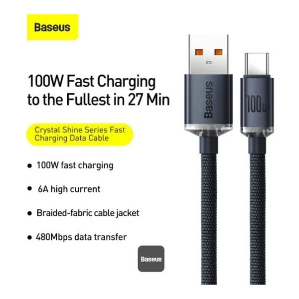 Baseus Crystal Shine 1.2 M Siyah USB To Type-C Hızlı Şarj Kablosu - Görsel 3