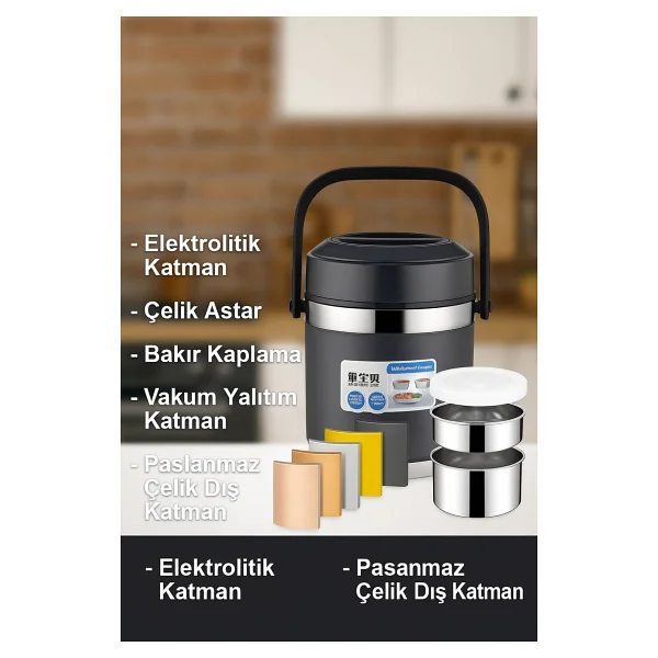 304 Çelik Gri 1600 Ml Vakumlu Yemek Mama Saklama Termosu Sefertası Cin597sy - Görsel 3