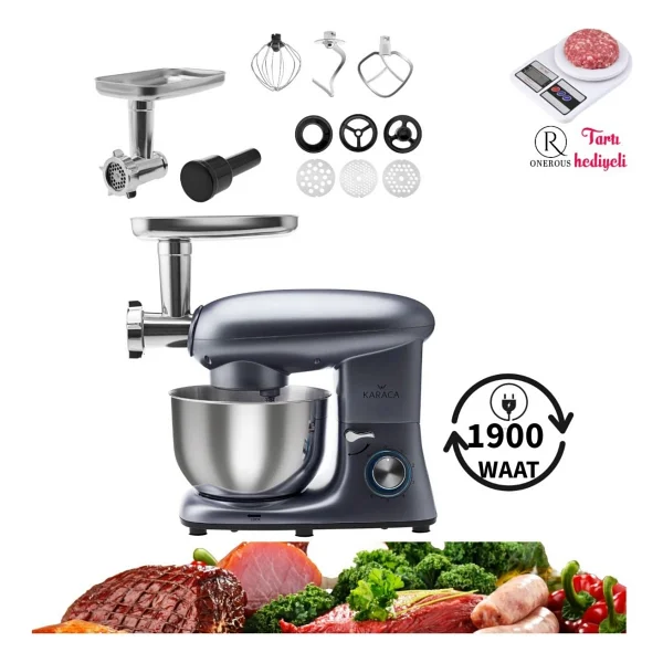 Karaca Premium Multichef Stand Mikser 1900W 5,5 Lt Paslanmaz Çelik Kase ile Kıyma ve Hamur Yoğurma - Antrasit - Görsel 6