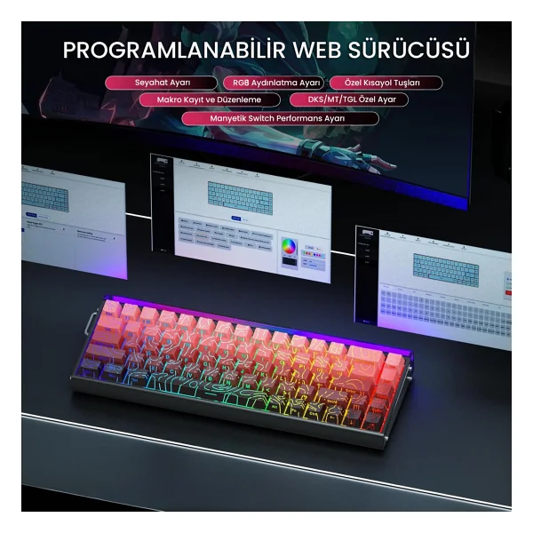 Aula Hero 68 He Manyetik Klavye Rapid Trigger Dragon King Switch 8000hz RGB Neon Tkl Hot Swap Oyuncu Klavyesi Kırmızı - Görsel 6