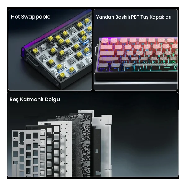 Aula Hero 68 He Manyetik Klavye Rapid Trigger Dragon King Switch 8000hz RGB Neon Tkl Hot Swap Oyuncu Klavyesi Kırmızı - Görsel 7