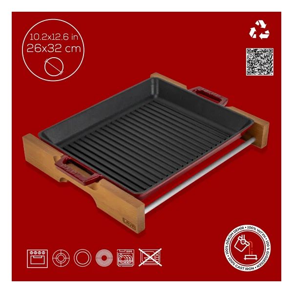 Lava Ahşap Standlı Yekpare Çift Kulplu Dikdörtgen 26x32 Cm Döküm Izgara Tava - Görsel 4