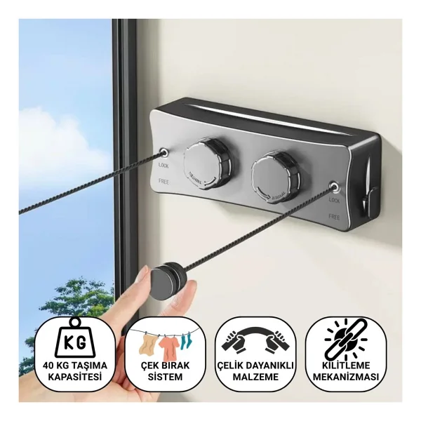 Polham 5.1 Metre Uzayabilir Çift Halatlı Çelik Dayanıklı Çek-Bırak Çamaşır Ipi, 40 Kg Taşıma Kapasiteli - Gri - Görsel 6