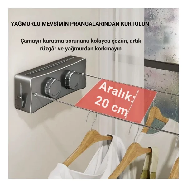 Polham 5.1 Metre Uzayabilir Çift Halatlı Çelik Dayanıklı Çek-Bırak Çamaşır Ipi, 40 Kg Taşıma Kapasiteli - Gri - Görsel 3