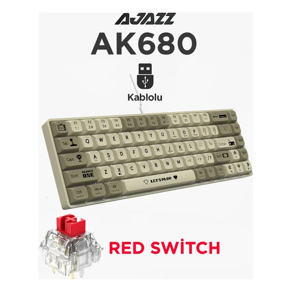 Ajazz AK680 Gri %65 TKL Red Switch Kablolu Mekanik Oyuncu Klavyesi