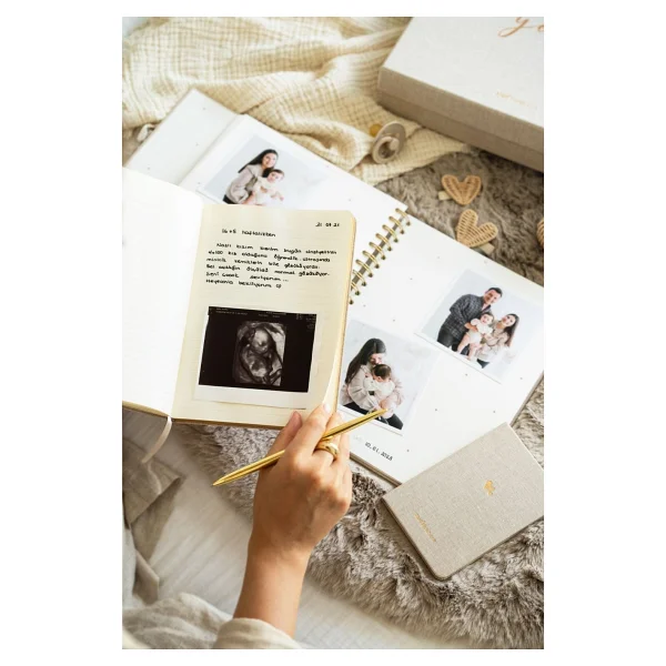 Matt Notebook 7 Parça Özel Defter Seti Krem 28x25 Cm Keten Kutulu Bebek Anı Hamile Günlüğü - Görsel 8