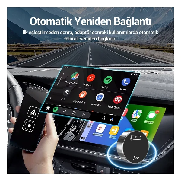 Juo Kablosuz Carplay Android Auto Kabloludan Kablosuza Çevirici USB Ve Type-C Adaptör - Siyah - Görsel 6