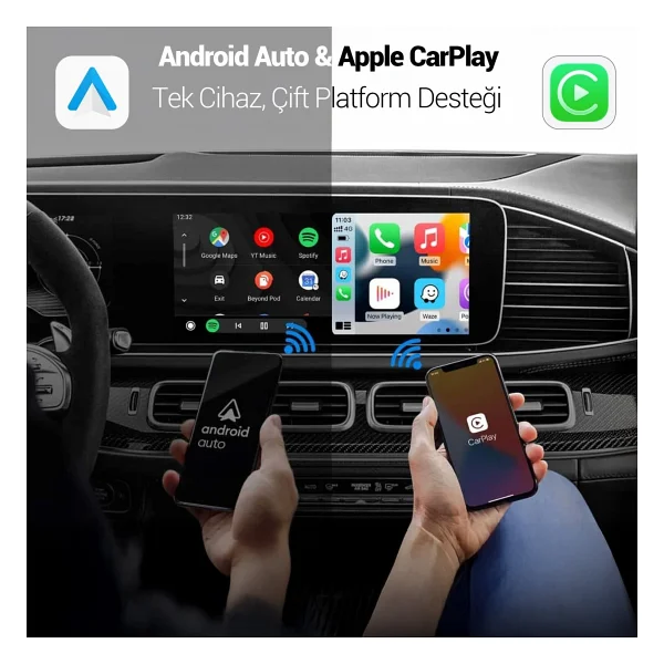 Juo Kablosuz Carplay Android Auto Kabloludan Kablosuza Çevirici USB Ve Type-C Adaptör - Siyah - Görsel 8