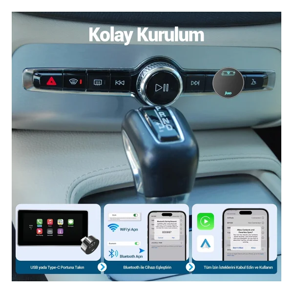 Juo Kablosuz Carplay Android Auto Kabloludan Kablosuza Çevirici USB Ve Type-C Adaptör - Siyah - Görsel 9