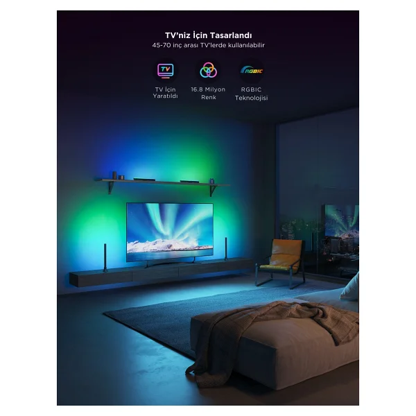 Govee Rgbıc H6046311 Flow Plus Dikey TV-Monitör Yanı Aydınlatma, Alexa, Google Asst. Wi-Fi BT 2'li - Görsel 5