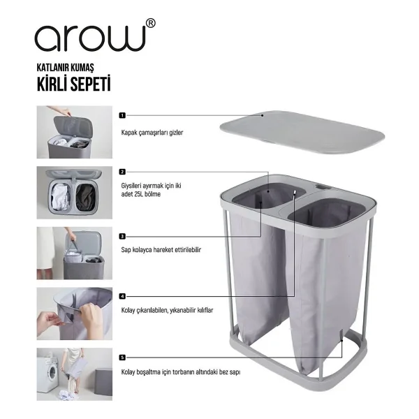 Arow Garb Kumaş 50 Lt 2 Bölmeli Katlanır Çamaşır Sepeti - Görsel 7