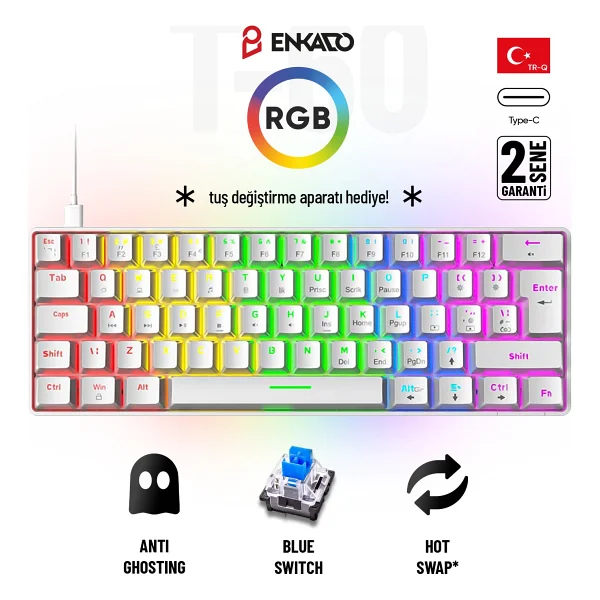 60 Tuş Mekanik Klavye RGB Aydınlatmalı Oyuncu Klavyesi Red Switch Q Kablolu Hot Swap Beyaz Klavye - Görsel 8
