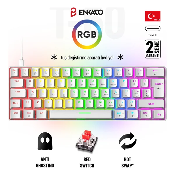 60 Tuş Mekanik Klavye RGB Aydınlatmalı Oyuncu Klavyesi Red Switch Q Kablolu Hot Swap Beyaz Klavye - Görsel 7