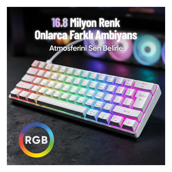 60 Tuş Mekanik Klavye RGB Aydınlatmalı Oyuncu Klavyesi Red Switch Q Kablolu Hot Swap Beyaz Klavye - Görsel 2