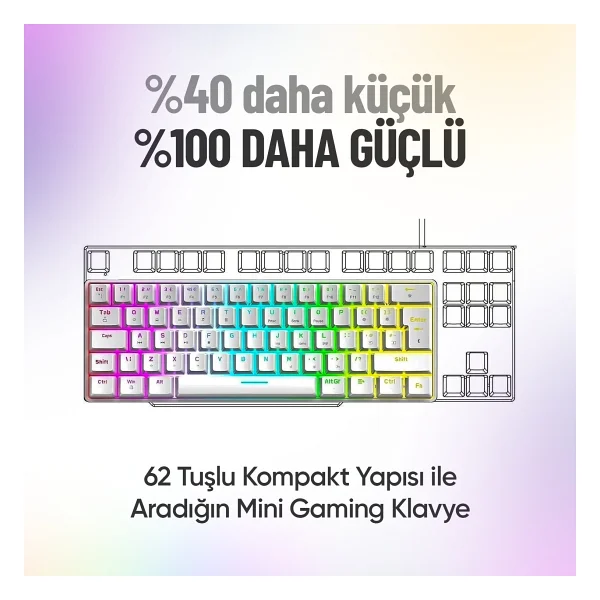60 Tuş Mekanik Klavye RGB Aydınlatmalı Oyuncu Klavyesi Red Switch Q Kablolu Hot Swap Beyaz Klavye - Görsel 6