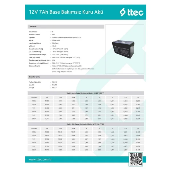 Ttec Pi-Es Mustang Bakımsız Kuru Akü 12v 7ah Uzun Ömürlü Düşük Deşarj - Görsel 6