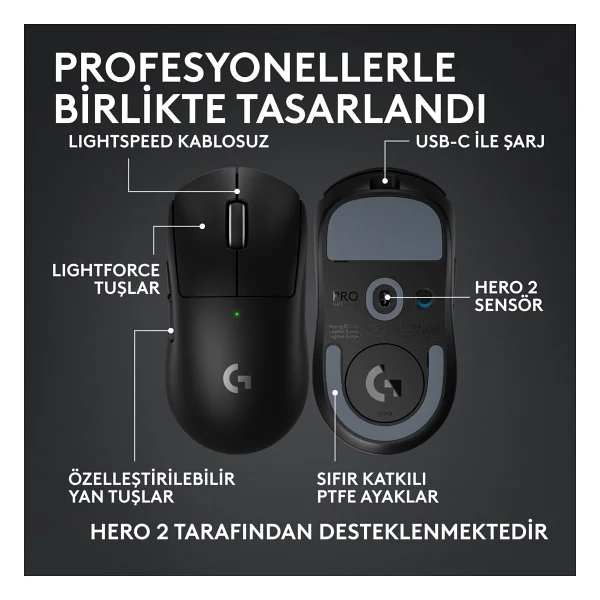Logitech G Pro X Superlight 2c 910-007532 Siyah Lightspeed Hero Şarjlı Optik Kablosuz Oyuncu Mouse - Görsel 5