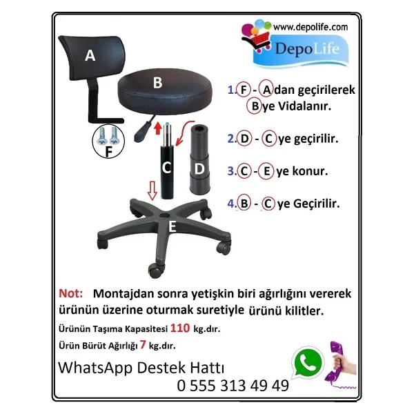 Ofis Kasiyer Taburesi Metal Ayak Tekerlekli Sırt Dayama Eczane Laboratuvar Büro Çalışma Koltuğu - Görsel 6