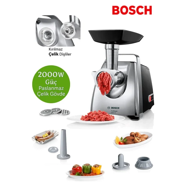Bosch Et, Balık Veya Sebze Doğrayabilir Çok Fonksiyonlu 2000w Güç ,Çelik Dişli Sucuk Sosis Kıyma Makinesi - Gri - Görsel 8