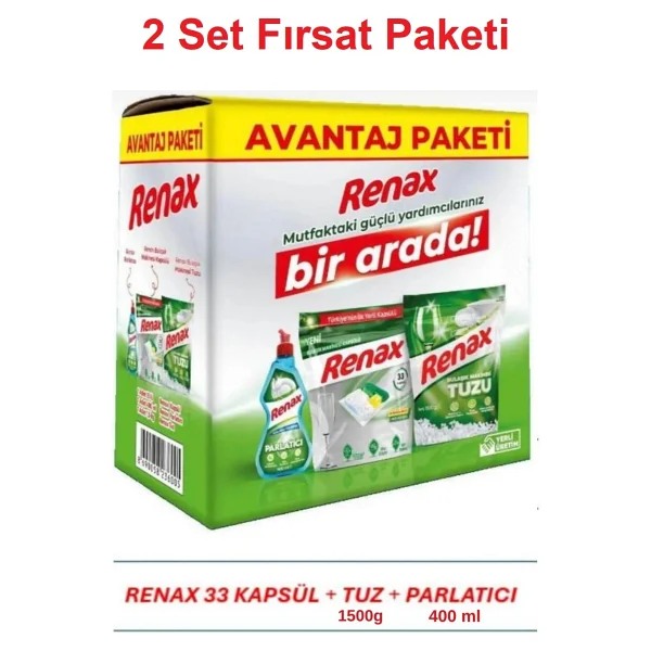 Renax Avantajlı Paket 3 Lü Set Bulaşık Makinesi Kapsülü 33 Lü Tuzu 1,5 kg Parlatıcı 400 ml x 2 Set - 2 Li Set - Görsel 6