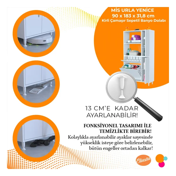 Modilayn Mis Urla Yenice Kirli Çamaşır Sepetli Dolap Çok Amaçlı Dolap Banyo Dolabı 90 x 183 x 32 cm - Görsel 4