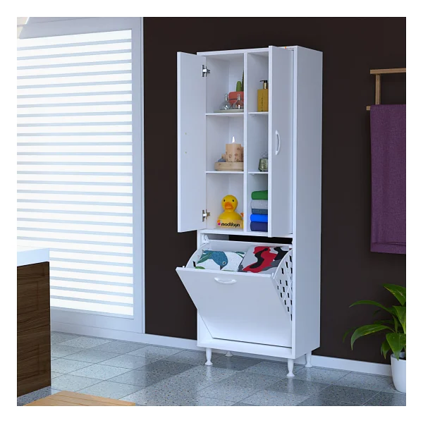 Modilayn ARD-133 Inci 2 Kapaklı Kirli Çamaşır Sepetli Banyo Dolabı Muftak Dolabı Çok Amaçlı Dolap - Görsel 5