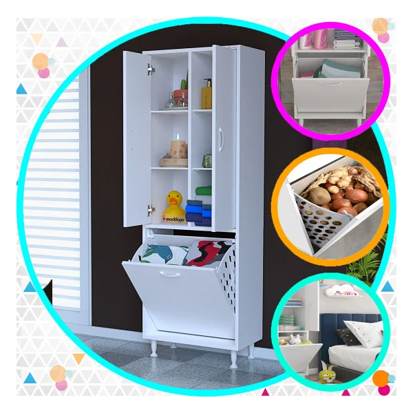 Modilayn ARD-133 Inci 2 Kapaklı Kirli Çamaşır Sepetli Banyo Dolabı Muftak Dolabı Çok Amaçlı Dolap - Görsel 6