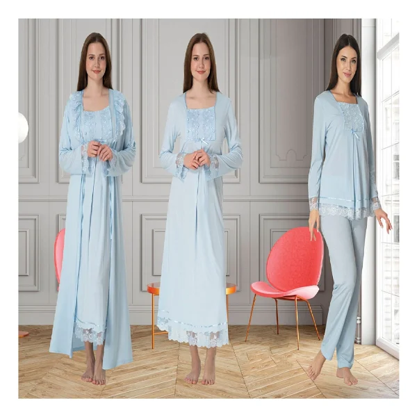 Dvina Effortt Lohusa 4'lü Set - Sabahlık/Pijama Takımı/Gecelik Lacivert - 3046 - Görsel 6