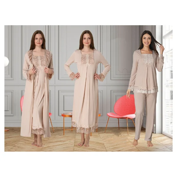 Dvina Effortt Lohusa 4'lü Set - Sabahlık/Pijama Takımı/Gecelik Lacivert - 3046 - Görsel 2