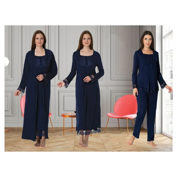 Dvina Effortt Lohusa 4'lü Set - Sabahlık/Pijama Takımı/Gecelik Lacivert - 3046 - Görsel 7