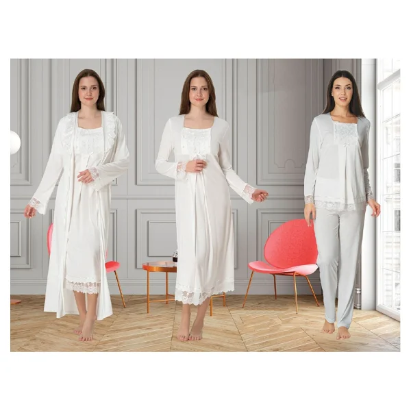 Dvina Effortt Lohusa 4'lü Set - Sabahlık/Pijama Takımı/Gecelik Lacivert - 3046 - Görsel 4