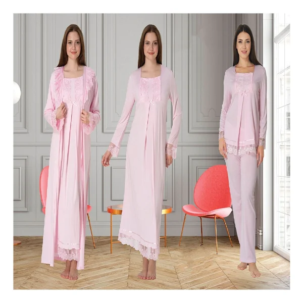 Dvina Effortt Lohusa 4'lü Set - Sabahlık/Pijama Takımı/Gecelik Lacivert - 3046 - Görsel 3
