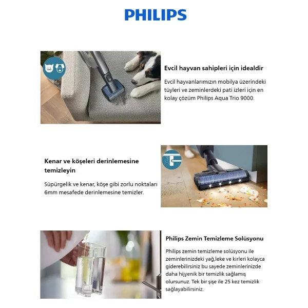 Philips 90 Dk Kesintisiz Temizlik Çift Bataryalı 9000 Serisi Aqua Trio Islak & Kuru Ve Mop Özellikli Istasyonlu Dikey Süpürge - Antrasit - Gri - Görsel 5