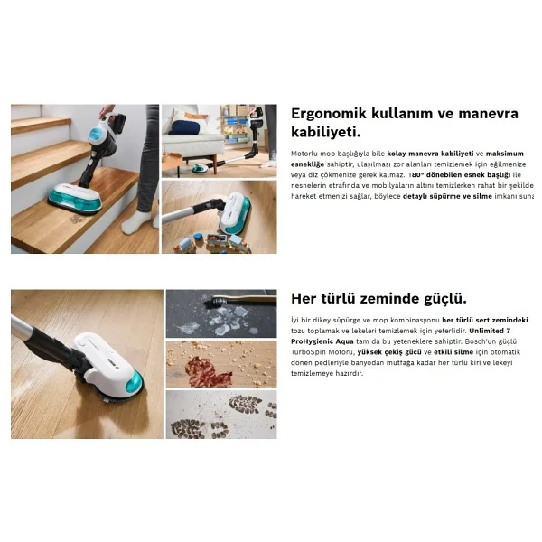Bosch Mop Ve Süpürme Islak-Kuru Temizlik, Güçlü Emiş,Hafif Tasarım Ve Uzun Pil Ömrü Motor 10 Yıl Garanti - Beyaz - Görsel 5