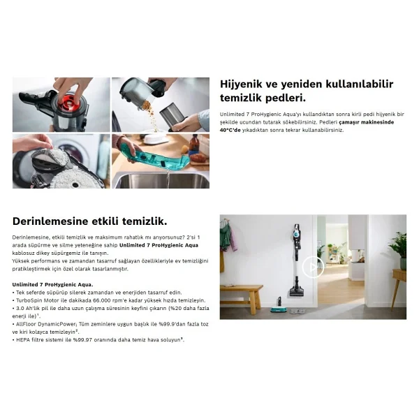Bosch Mop Ve Süpürme Islak-Kuru Temizlik, Güçlü Emiş,Hafif Tasarım Ve Uzun Pil Ömrü Motor 10 Yıl Garanti - Beyaz - Görsel 6