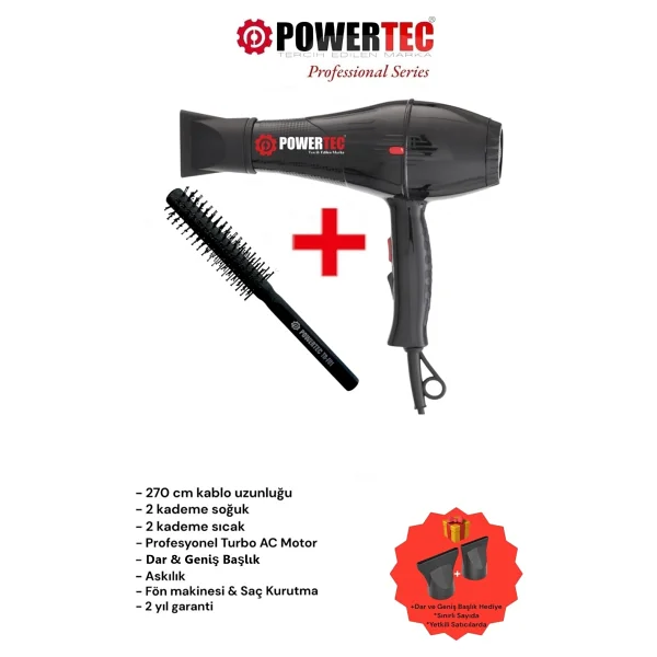 Powertec Tr-701 2500 W Profesyonel Fön Makinesi + Berber Fön Fırçası - Görsel 8