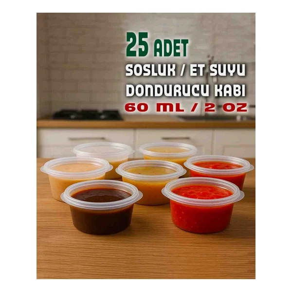 25 Adet 60 Cc Kapaklı Sızdırmaz Sos Kabı,Et Suyu ,Tavuk Suyu , Bulyonluk , Derin Donduruculuk Tekrar Kullanılabilen Sert Plastikten Üretilmiştir - 60 Ml - Görsel 3