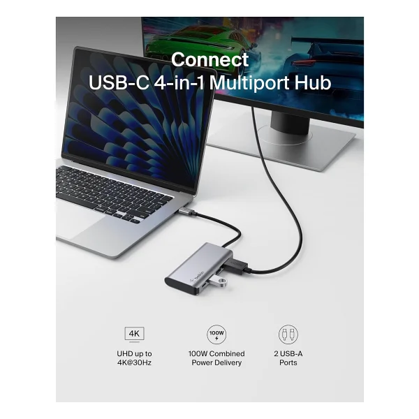 Belkin USB C 4'ü 1 Arada Çok Bağlantı Noktalı Adaptör (4K Hdmı, USB-C 100w Pd Geçişli Şarj Ve Daha Fazlası İçin 2 X USB A Bağlantı Noktası İle) - Görsel 2