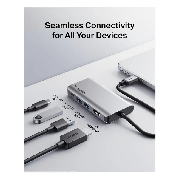Belkin USB C 4'ü 1 Arada Çok Bağlantı Noktalı Adaptör (4K Hdmı, USB-C 100w Pd Geçişli Şarj Ve Daha Fazlası İçin 2 X USB A Bağlantı Noktası İle) - Görsel 3